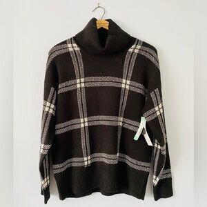 NWT Design History Jarmane Cowl Neck Pullover Sweater, L, Black and White Plaid